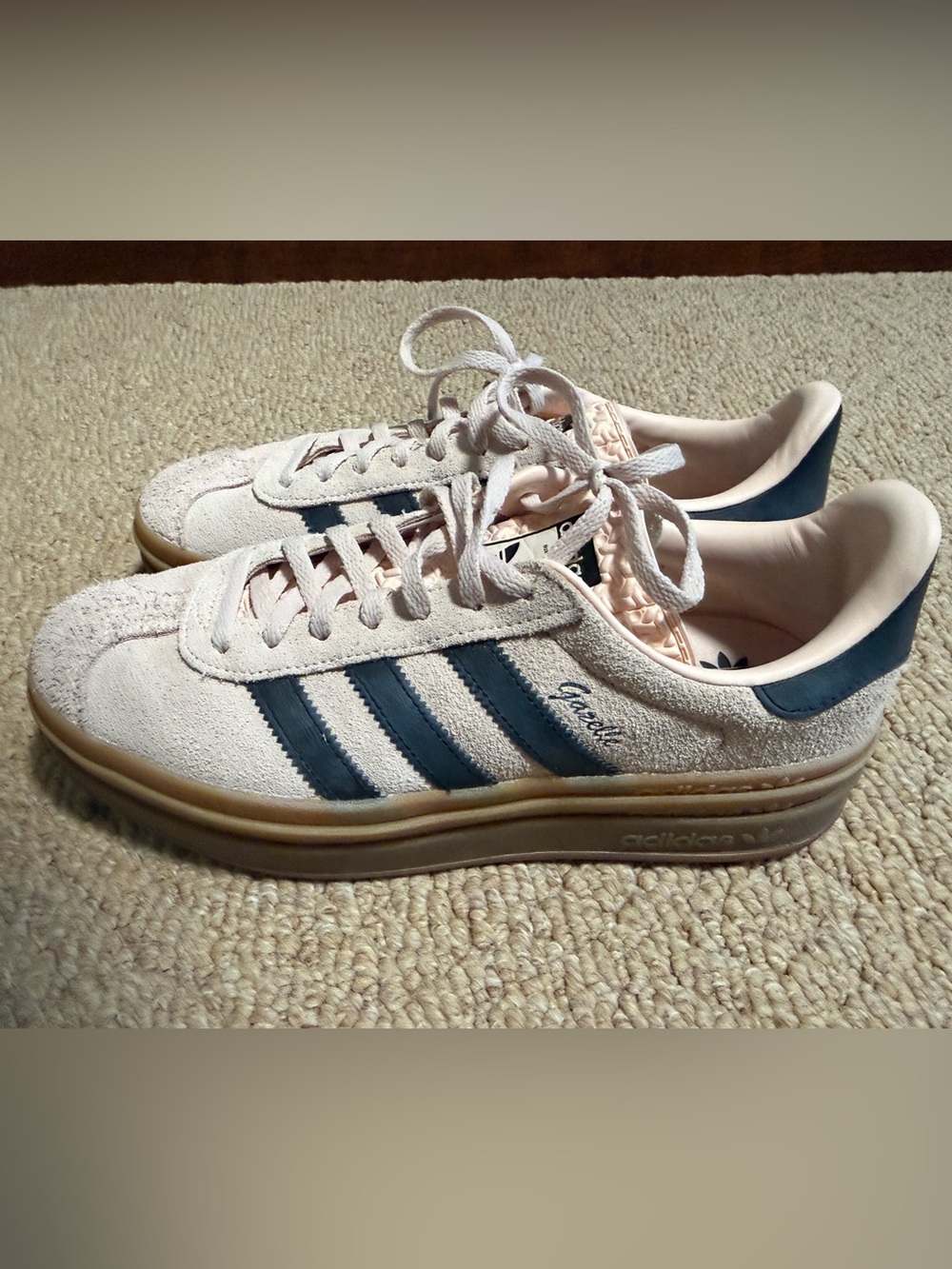adidas Women’s Gazelle Platform in Light Pink with Black Stripes